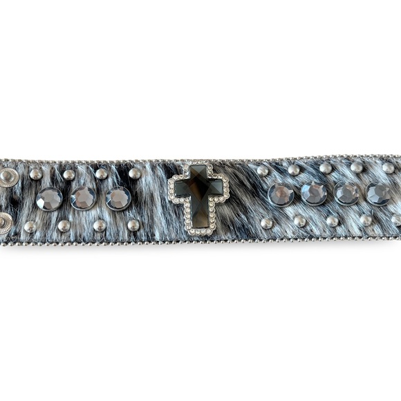 Hair On Cowhide Salt n Pepper Black Cross & Silver Crystal Studded Cuff Bracelet - Picture 6 of 8